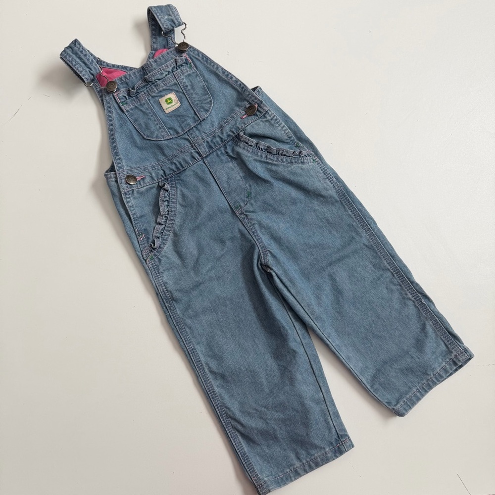 John Deere Overalls Denim Jean Ruffle Pockets Cowgirl Farm Light Wash Blue Pink